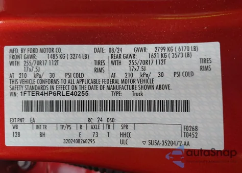 2024 Ford Ranger Xlt z USA, uszkodzony, nr VIN 1FTER4HP6RLE40255